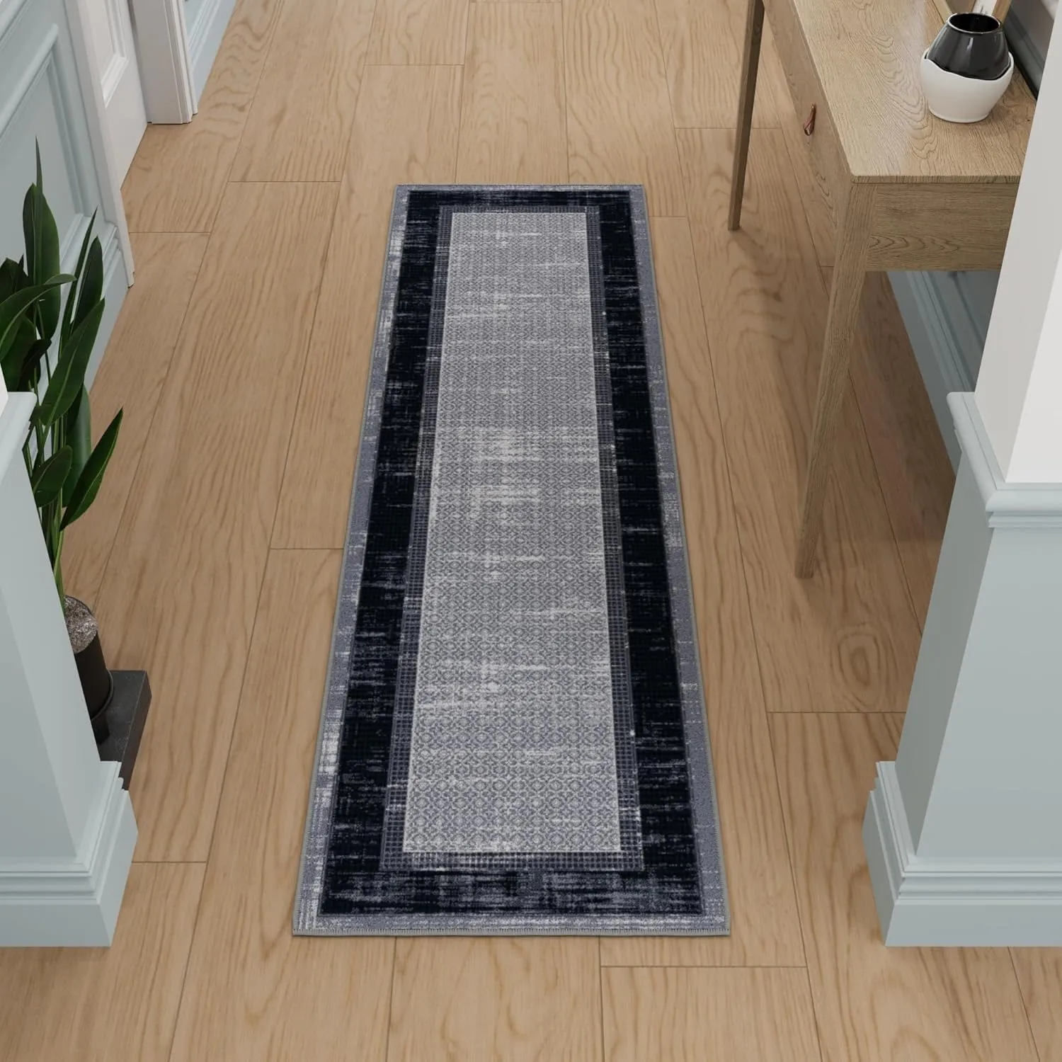 Ottomanson Machine Washable Bordered Design Non-Slip Rubberback 2x7 Traditional Runner Rug for Hallway, Kitchen, Bedroom, Living Room, 1'10" x 7', Gray/Black