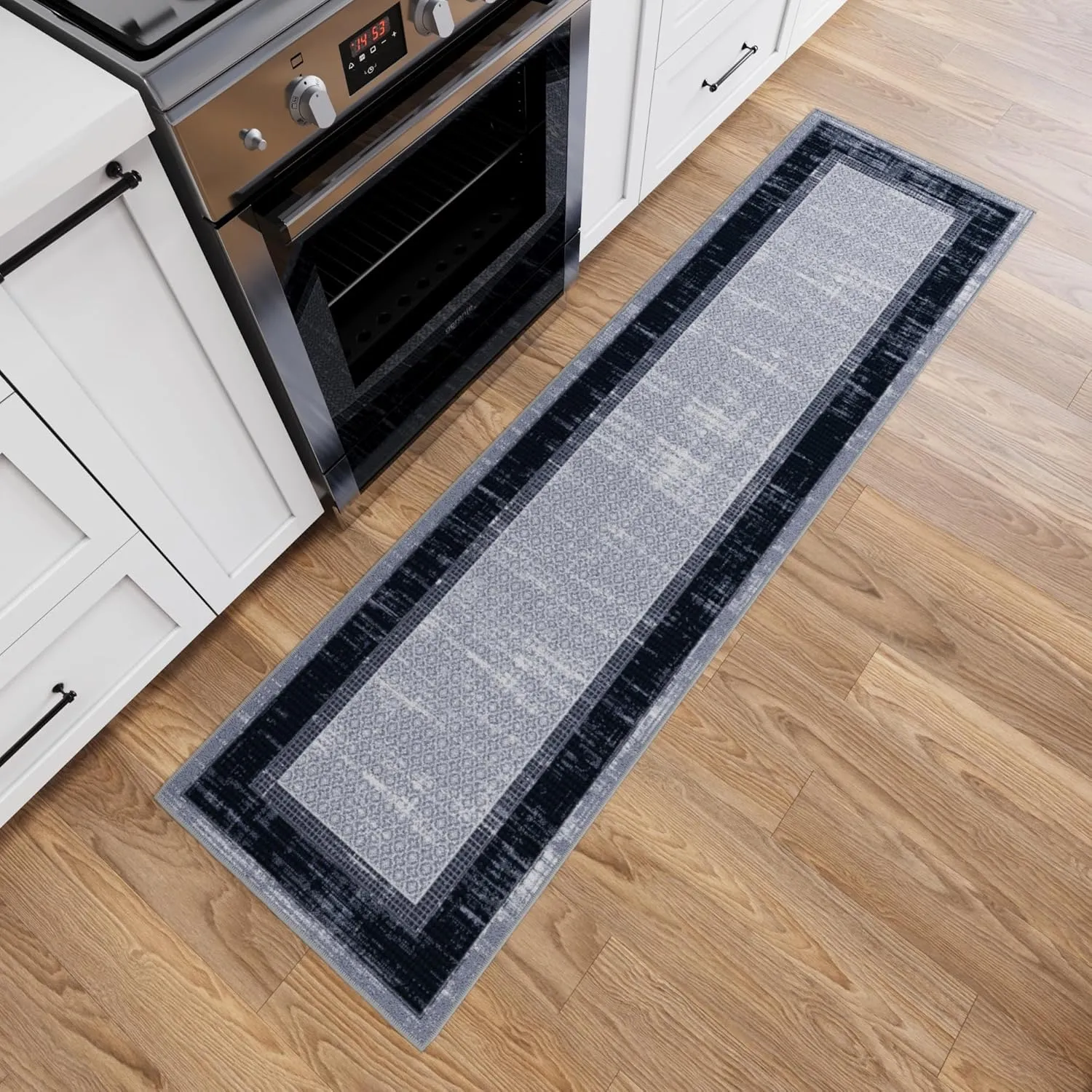 Ottomanson Machine Washable Bordered Design Non-Slip Rubberback 2x7 Traditional Runner Rug for Hallway, Kitchen, Bedroom, Living Room, 1'10" x 7', Gray/Black