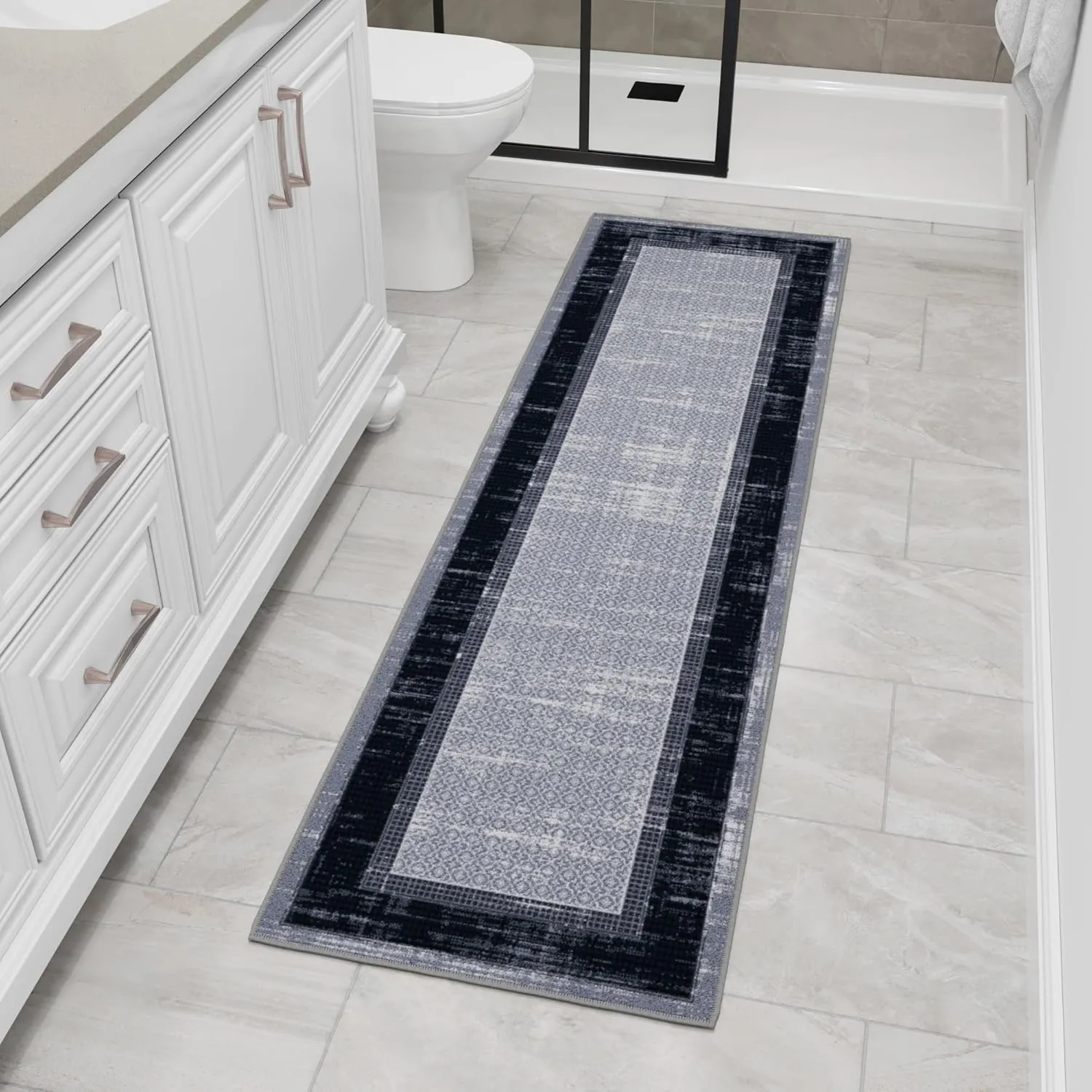 Ottomanson Machine Washable Bordered Design Non-Slip Rubberback 2x7 Traditional Runner Rug for Hallway, Kitchen, Bedroom, Living Room, 1'10" x 7', Gray/Black
