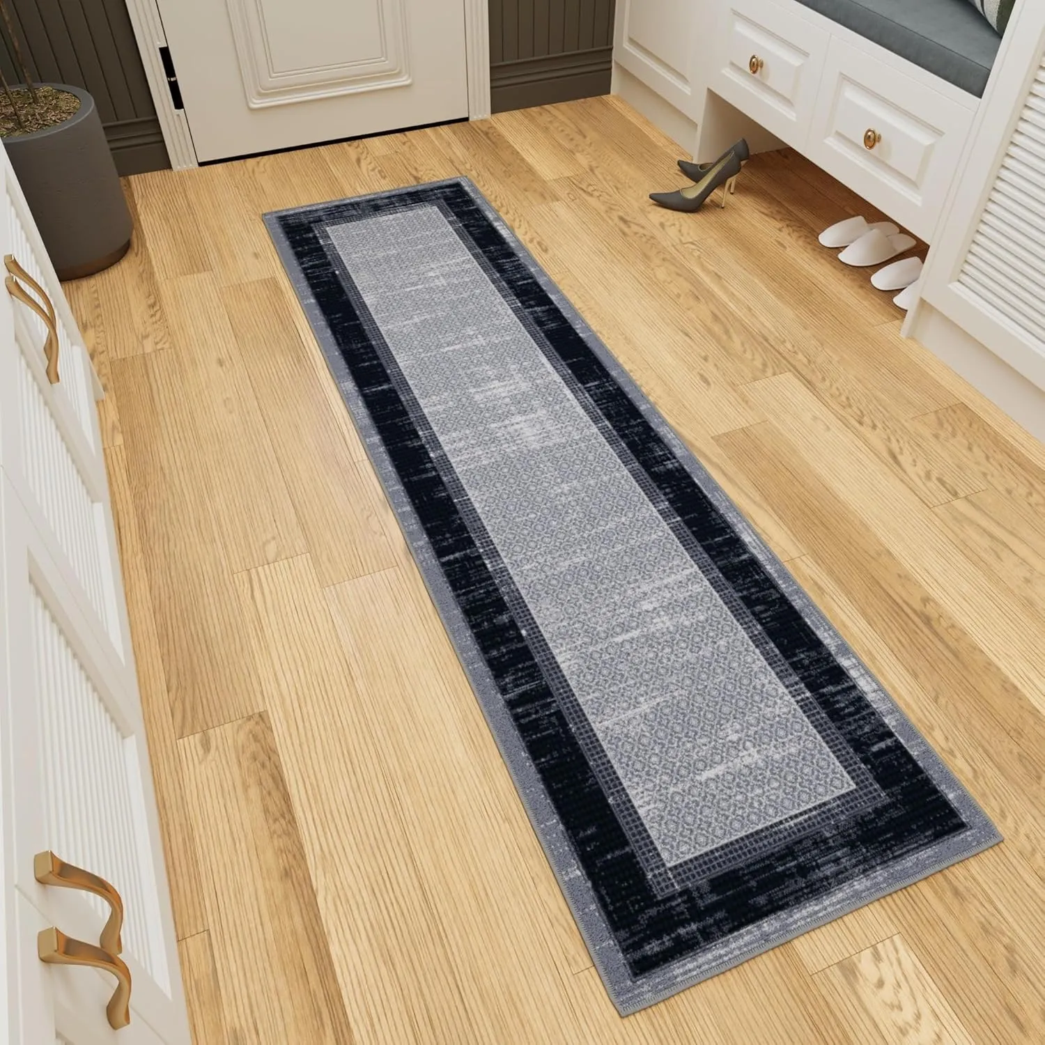 Ottomanson Machine Washable Bordered Design Non-Slip Rubberback 2x7 Traditional Runner Rug for Hallway, Kitchen, Bedroom, Living Room, 1'10" x 7', Gray/Black