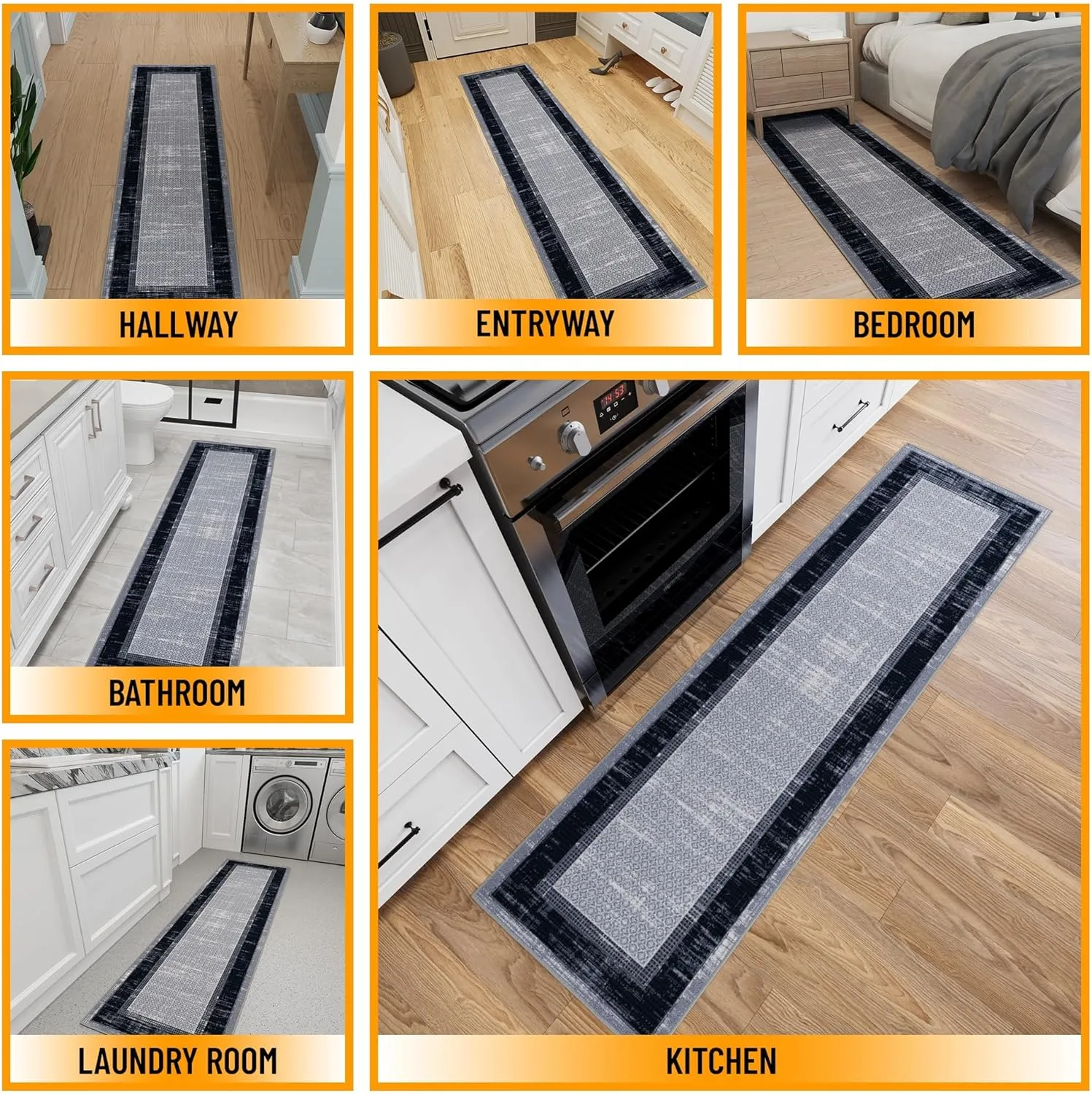 Ottomanson Machine Washable Bordered Design Non-Slip Rubberback 2x7 Traditional Runner Rug for Hallway, Kitchen, Bedroom, Living Room, 1'10" x 7', Gray/Black