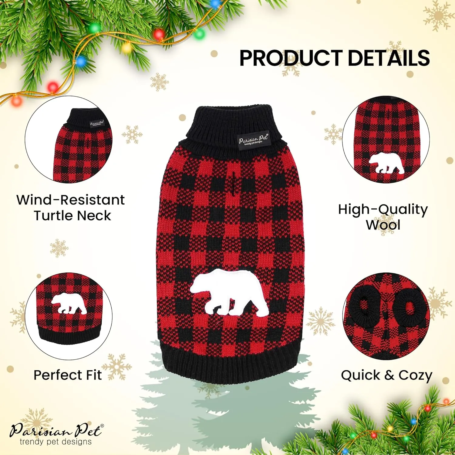 Parisian Pet Dog Sweaters - Pullover, Turtleneck Buffalo Checkered Sweater - Polar Bear Cable Knit Dog Outfit - Fall, Winter Dog Clothes - Flexible Dog Sweater for Large Dogs - 2XL