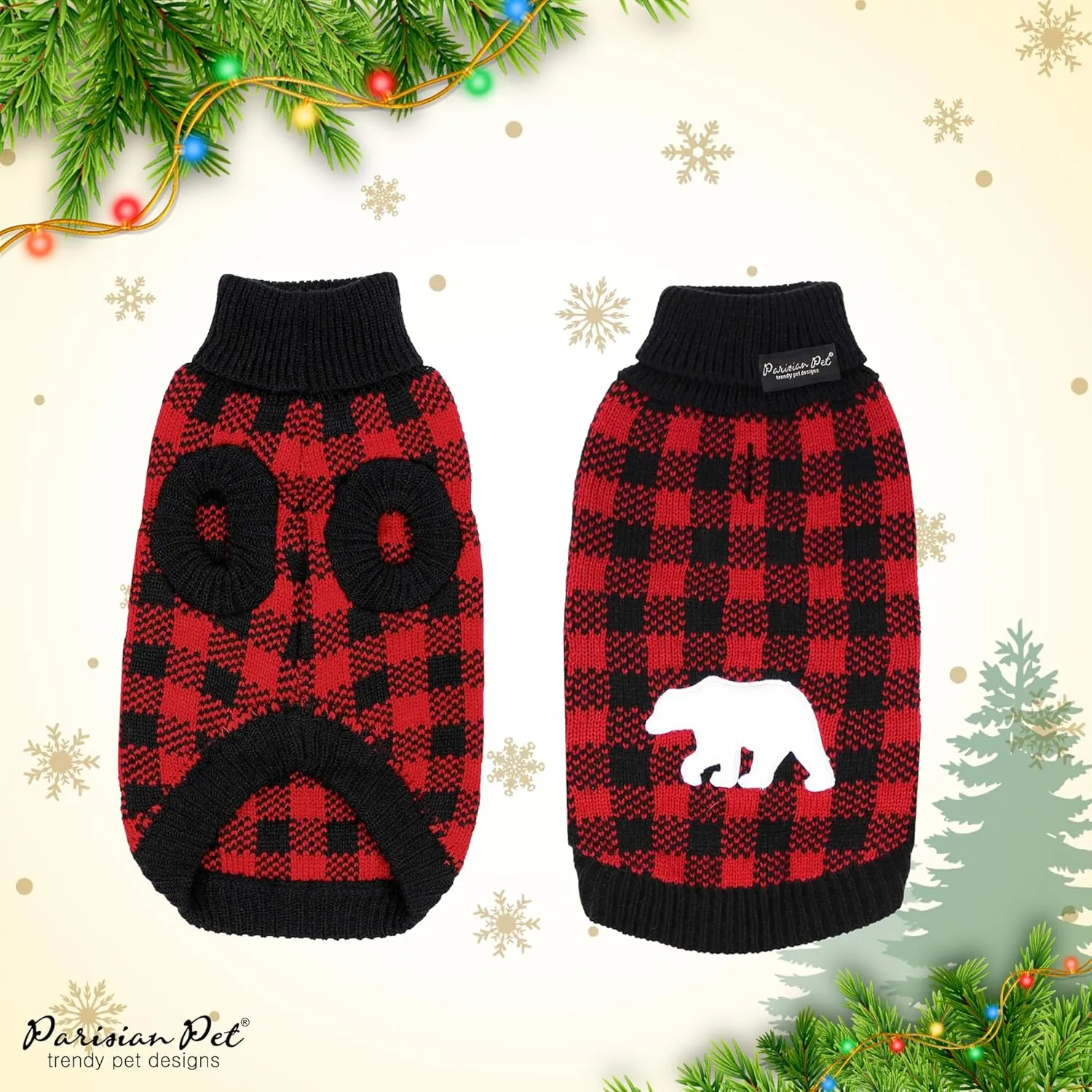 Parisian Pet Dog Sweaters - Pullover, Turtleneck Buffalo Checkered Sweater - Polar Bear Cable Knit Dog Outfit - Fall, Winter Dog Clothes - Flexible Dog Sweater for Large Dogs - 2XL