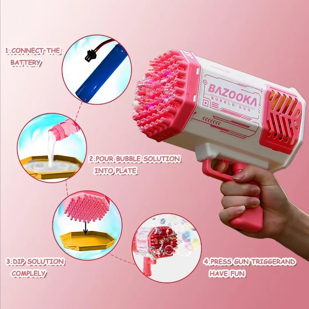 Petrella Toys Bubble Gun Bazooka Bubble Machine Gun 69 Hole Bubble Blaster Blower with Colored Lights Gifts for Kids Adults Outdoor Wedding Birthday Party Pink