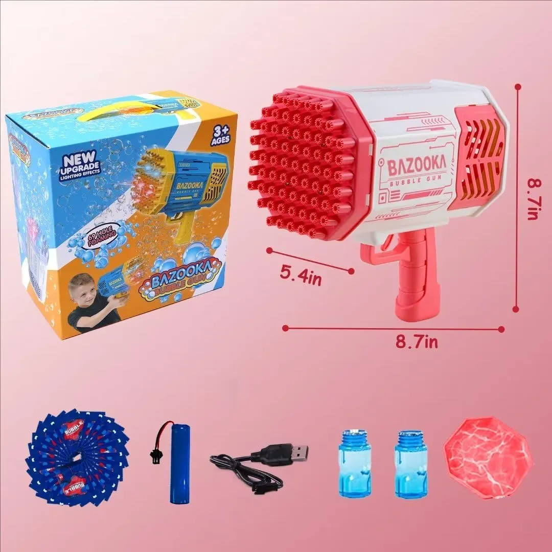Petrella Toys Bubble Gun Bazooka Bubble Machine Gun 69 Hole Bubble Blaster Blower with Colored Lights Gifts for Kids Adults Outdoor Wedding Birthday Party Pink