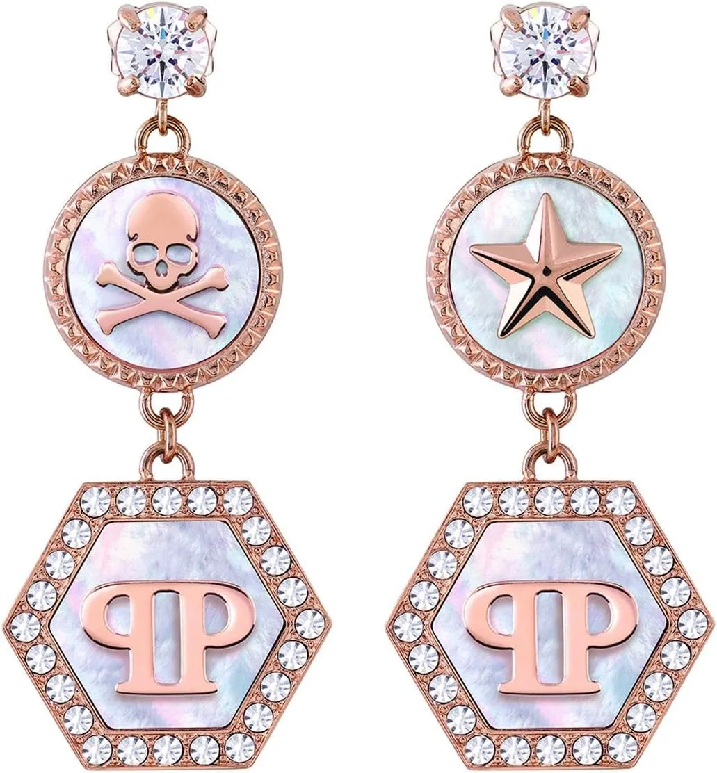 Philipp Plein PJ2EA14EU Women's Earrings Jewelry, Stainless Steel IP Rose Gold Plein Mini Logo Earrings for Women
