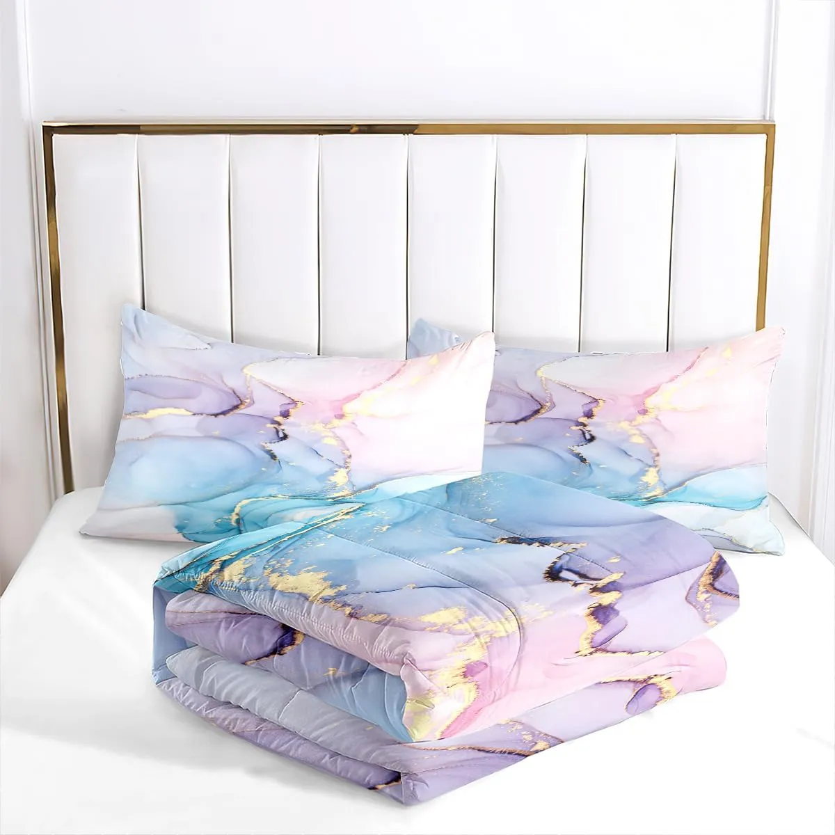 Pink Purple Blue Marble Print Comforter Set for Boys Girls Teens Abstract Art Queen Size Marbling Duvet Bedding Set Soft Microfiber Kids Adult Bedroom Quilt Set with 2Pillowcases