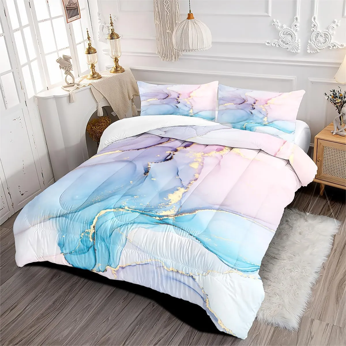 Pink Purple Blue Marble Print Comforter Set for Boys Girls Teens Abstract Art Queen Size Marbling Duvet Bedding Set Soft Microfiber Kids Adult Bedroom Quilt Set with 2Pillowcases