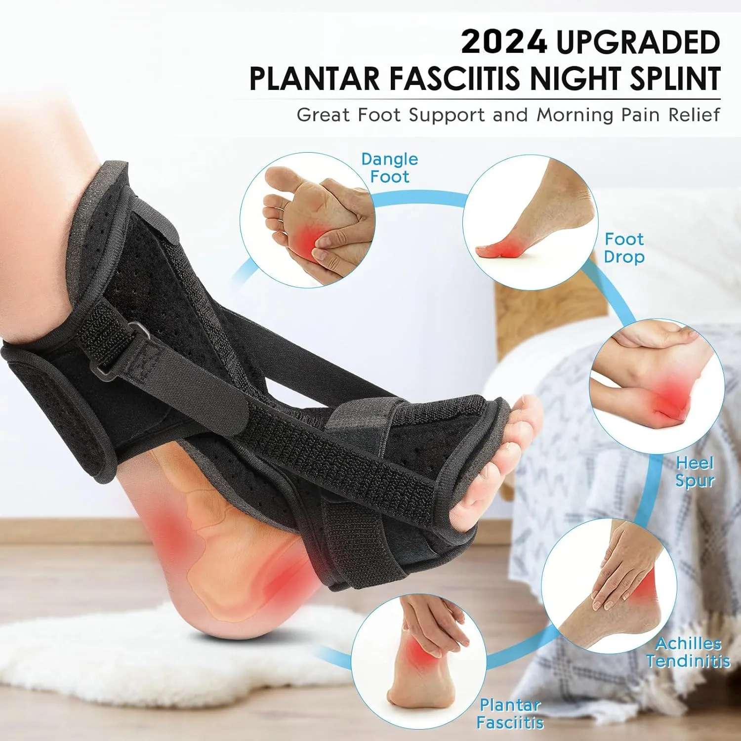 Plantar Fasciitis Night Splint: Upgraded Brace with Soft Memory Foam Pad | Ankle Brace for Plantar Fasciitis Relief Achilles Tendonitis Relief Foot Drop Heel Arch Pain Black