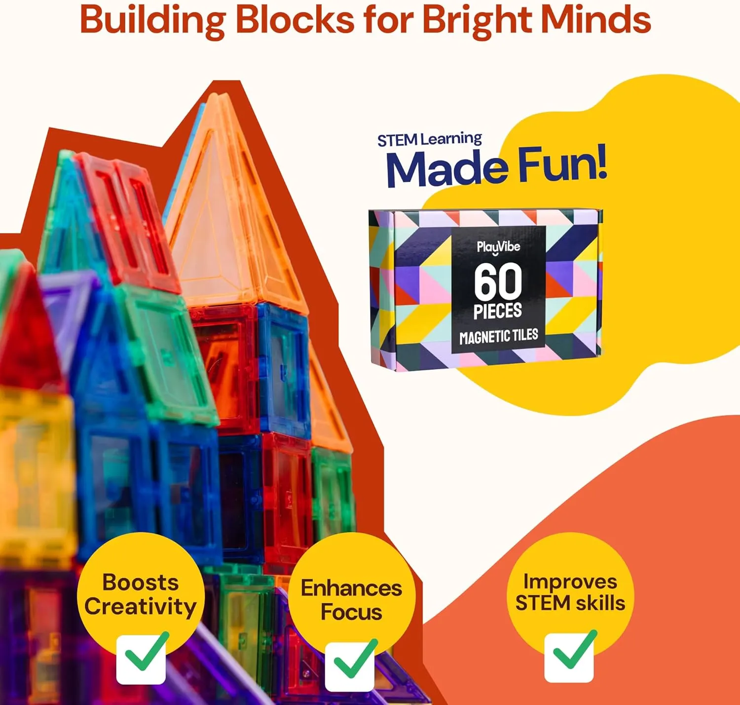 PLAYVIBE Magnetic Tiles 60 Pcs - 3D Magnet Toys for Kids 3 , Building Blocks for STEM Learning, Kids Games, Magnetic Blocks Tile Toy - Learning Toddler Toys, Home & Classroom Must Haves, Boy and Girl