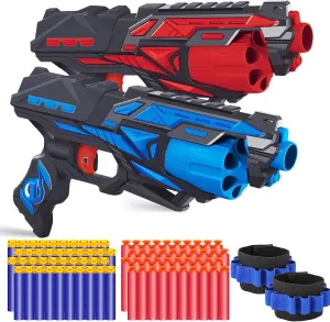 POKONBOY 2 Pack Blaster Toy Guns for Boys Fit for Nerf Guns Darts, 6-Dart Rotating Barrel Foam Bullets Hand Gun Toys with 80 Refill Darts and 2 Wristbands Gifts for 6 7 8 9 10 Years Kids Christmas