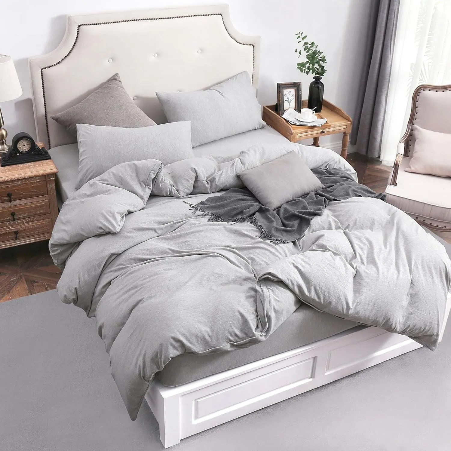 PURE ERA Jersey Knit Duvet Cover Set 100% T-Shirt Cotton Super Soft Comfy 2pc Bedding Set with Zipper Closure (Heather Grey, Twin)