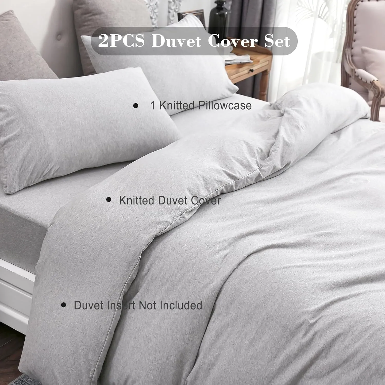 PURE ERA Jersey Knit Duvet Cover Set 100% T-Shirt Cotton Super Soft Comfy 2pc Bedding Set with Zipper Closure (Heather Grey, Twin)