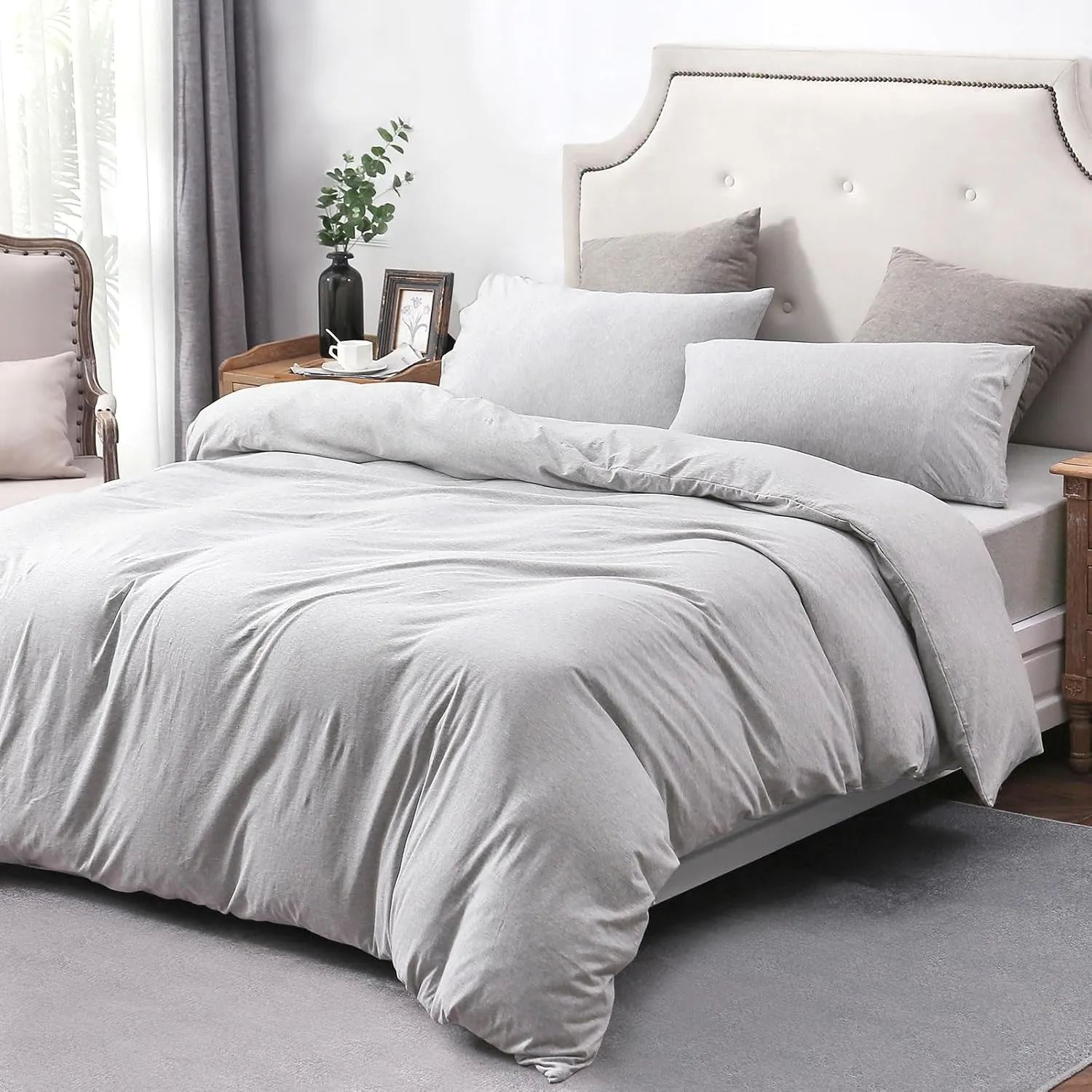 PURE ERA Jersey Knit Duvet Cover Set 100% T-Shirt Cotton Super Soft Comfy 2pc Bedding Set with Zipper Closure (Heather Grey, Twin)