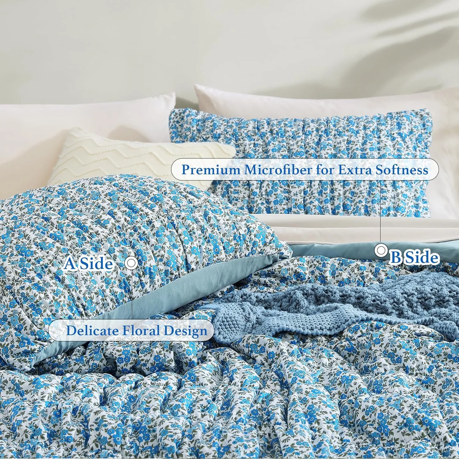 Queen Comforter Set - 7 Pieces Blue Classic Puff Floral Bedding Sets for All Seasons, Shabby Chic Farmhouse Bed in a Bag Queen with Wildflowers Fluffy Comforter, Sheets, Pillowcases & Shams