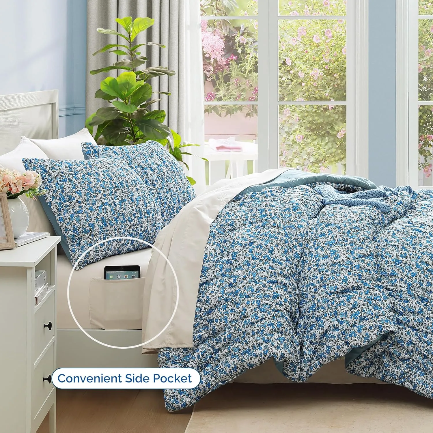 Queen Comforter Set - 7 Pieces Blue Classic Puff Floral Bedding Sets for All Seasons, Shabby Chic Farmhouse Bed in a Bag Queen with Wildflowers Fluffy Comforter, Sheets, Pillowcases & Shams