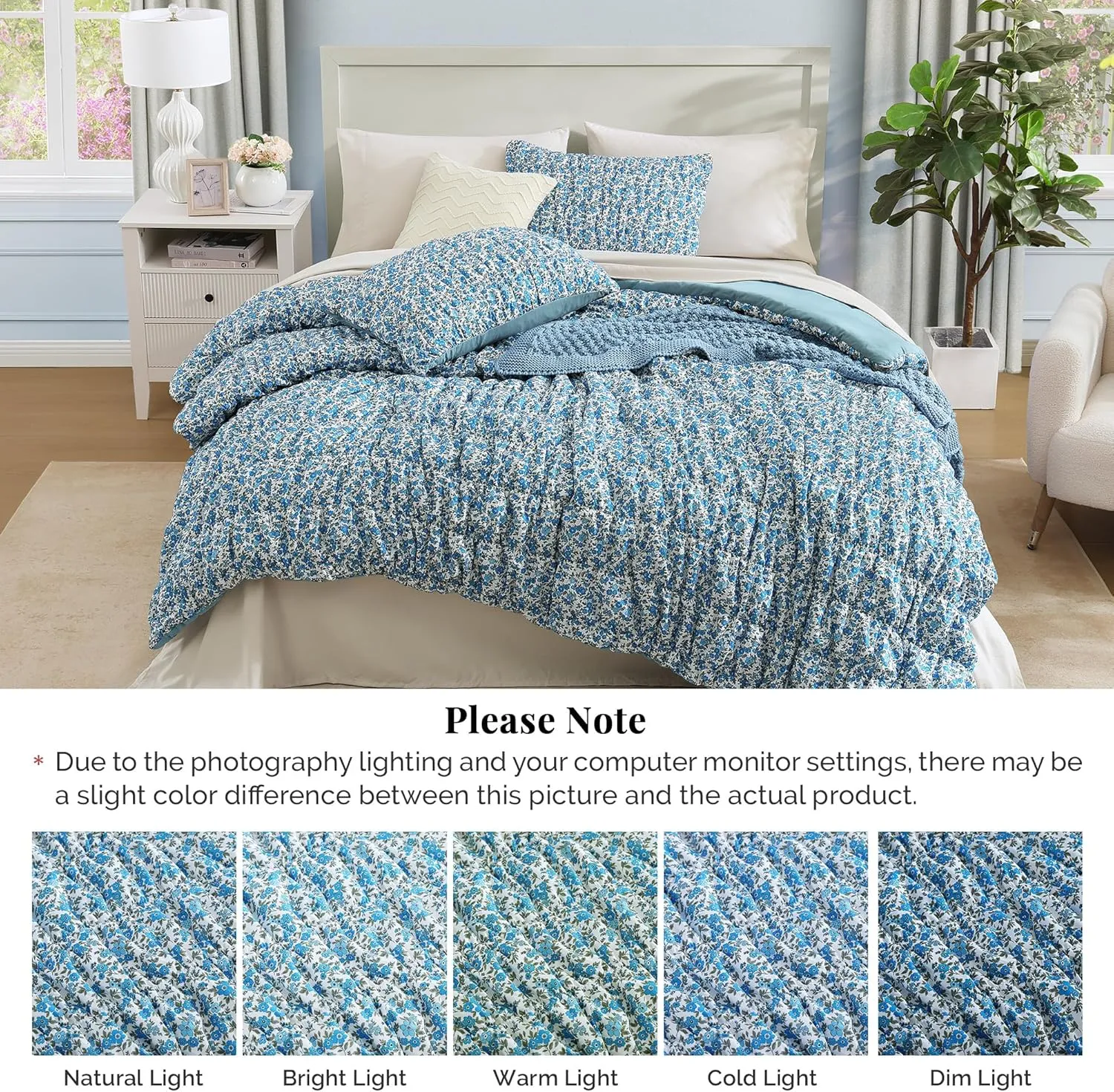 Queen Comforter Set - 7 Pieces Blue Classic Puff Floral Bedding Sets for All Seasons, Shabby Chic Farmhouse Bed in a Bag Queen with Wildflowers Fluffy Comforter, Sheets, Pillowcases & Shams