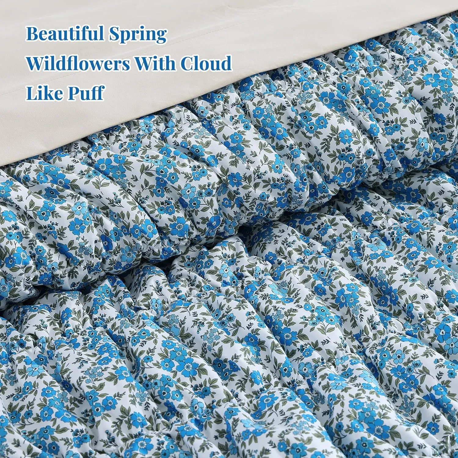 Queen Comforter Set - 7 Pieces Blue Classic Puff Floral Bedding Sets for All Seasons, Shabby Chic Farmhouse Bed in a Bag Queen with Wildflowers Fluffy Comforter, Sheets, Pillowcases & Shams