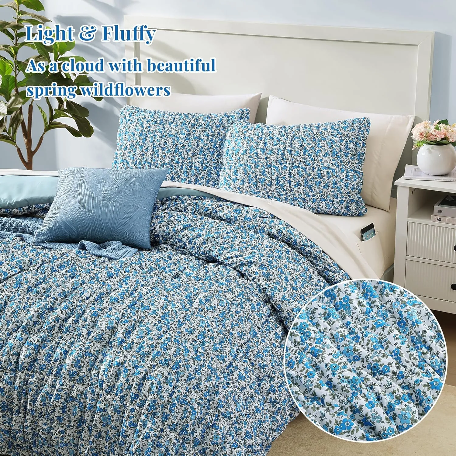 Queen Comforter Set - 7 Pieces Blue Classic Puff Floral Bedding Sets for All Seasons, Shabby Chic Farmhouse Bed in a Bag Queen with Wildflowers Fluffy Comforter, Sheets, Pillowcases & Shams