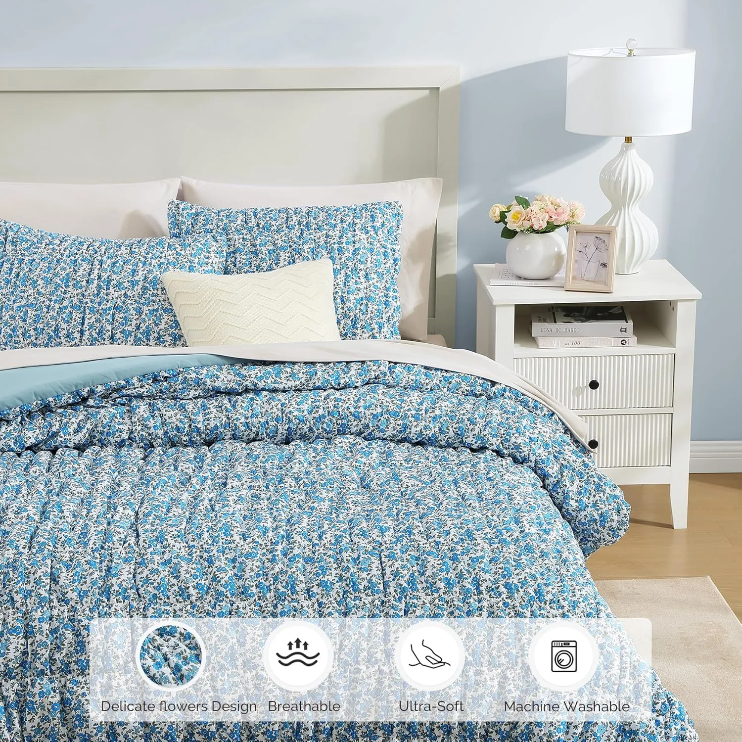 Queen Comforter Set - 7 Pieces Blue Classic Puff Floral Bedding Sets for All Seasons, Shabby Chic Farmhouse Bed in a Bag Queen with Wildflowers Fluffy Comforter, Sheets, Pillowcases & Shams