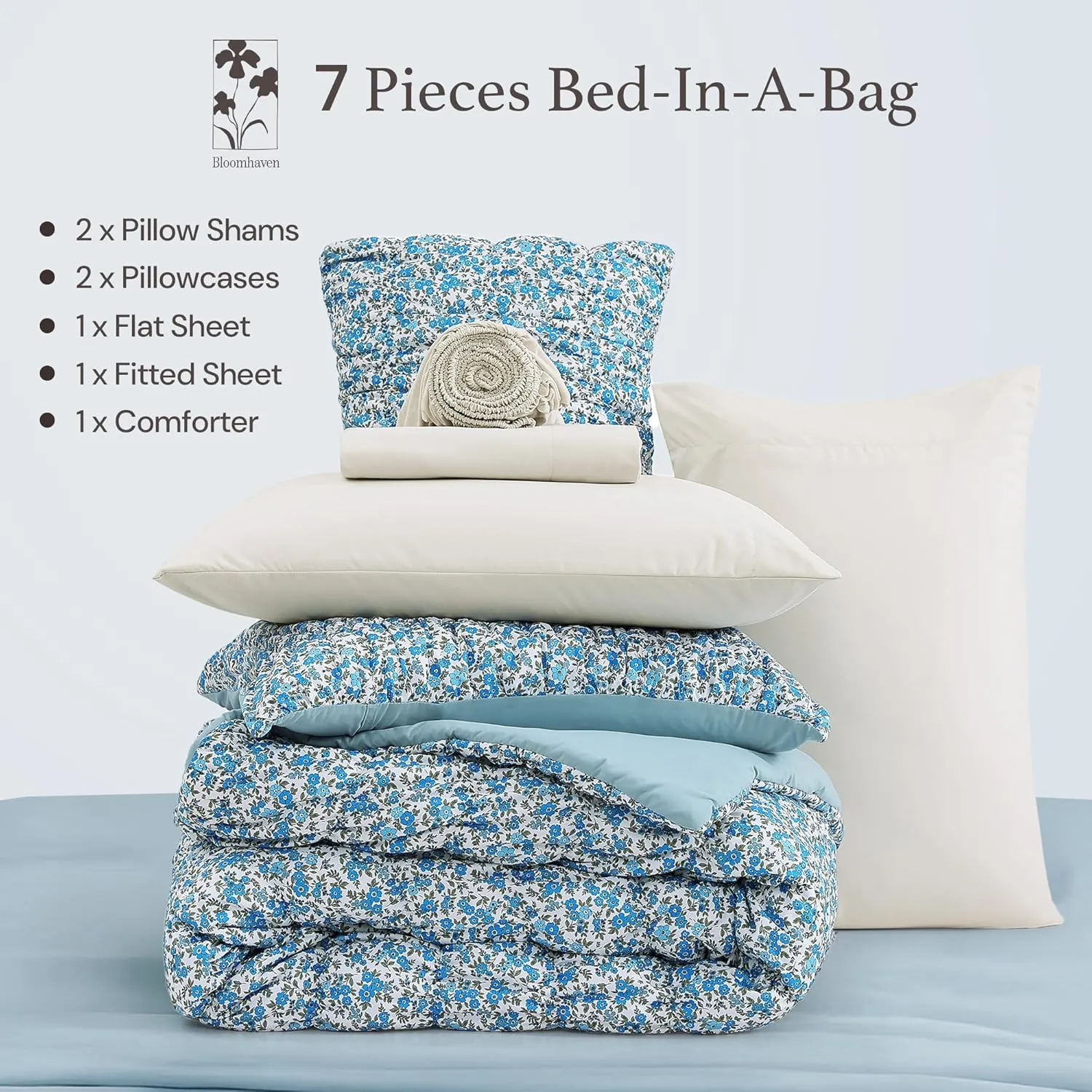 Queen Comforter Set - 7 Pieces Blue Classic Puff Floral Bedding Sets for All Seasons, Shabby Chic Farmhouse Bed in a Bag Queen with Wildflowers Fluffy Comforter, Sheets, Pillowcases & Shams