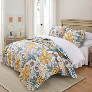 Quilt Queen Size Bedding Set - Floral Quilt Bedspread 3 Pieces for Queen Bed Tropical Rustic Bedding Set in Flower Style Print Vintage Quilt Sets as Coverlet Cabin Bed Spread and Country Quilts