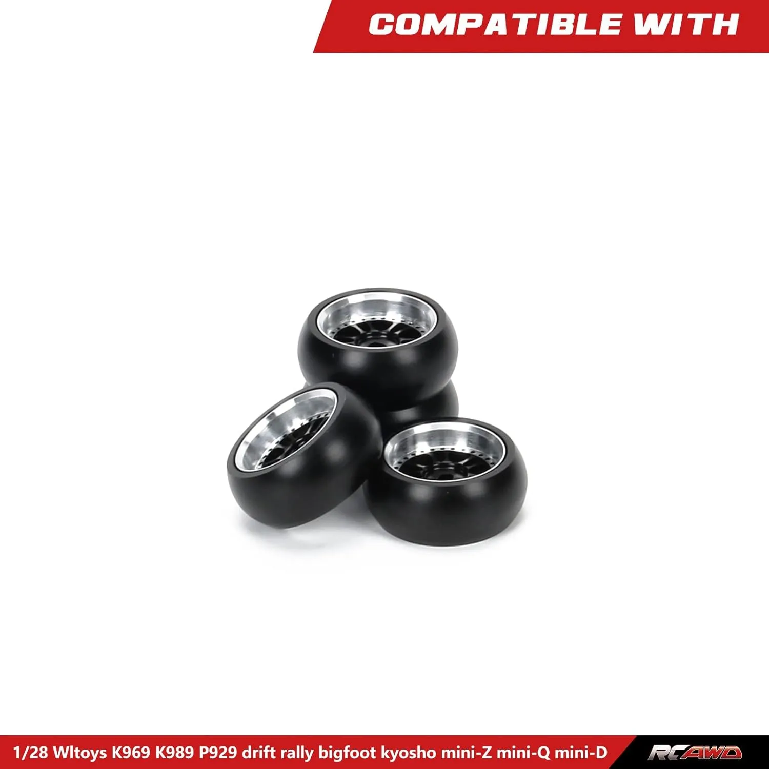 RCAWD 4X Alloy Rim Wheel Classic Drift Tire for Rc Hobby Model Car 1/28 Wltoys K969 K989 P929 Drift Rally Kyosho Mini-Z Mini-Q Mini-D(Black)