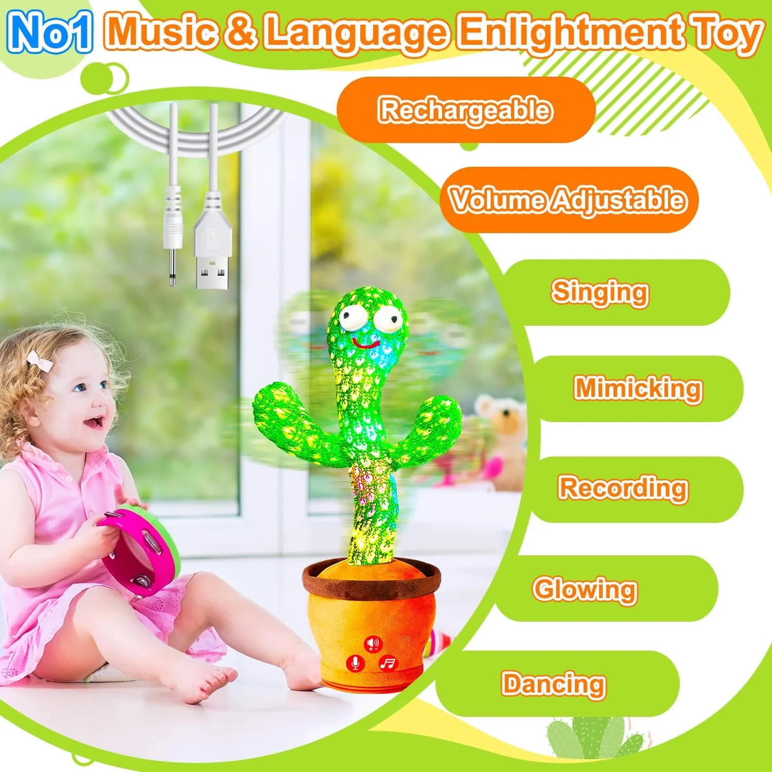 Rechargeable Dancing Talking Cactus Toy for Baby Toddler, Volume Adjustable, Singing, Mimicking, Repeating, Baby Toys for Girls Boys, Birthday Gifts