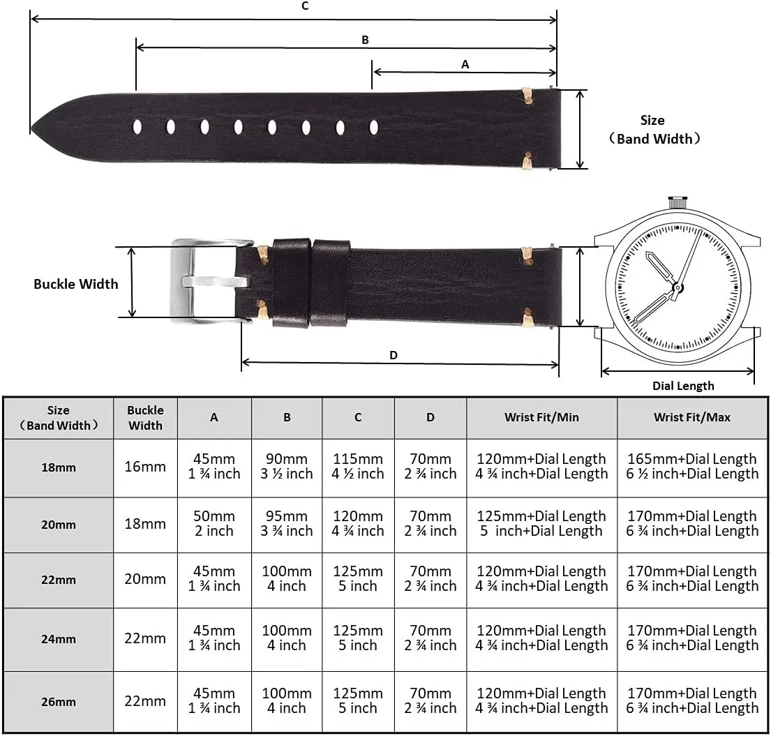 Retro Handmade Watch Band, Quick Release Vintage Leather Watch Strap Replacement,Choice of Width-18mm 20mm 22mm 24mm or 26mm