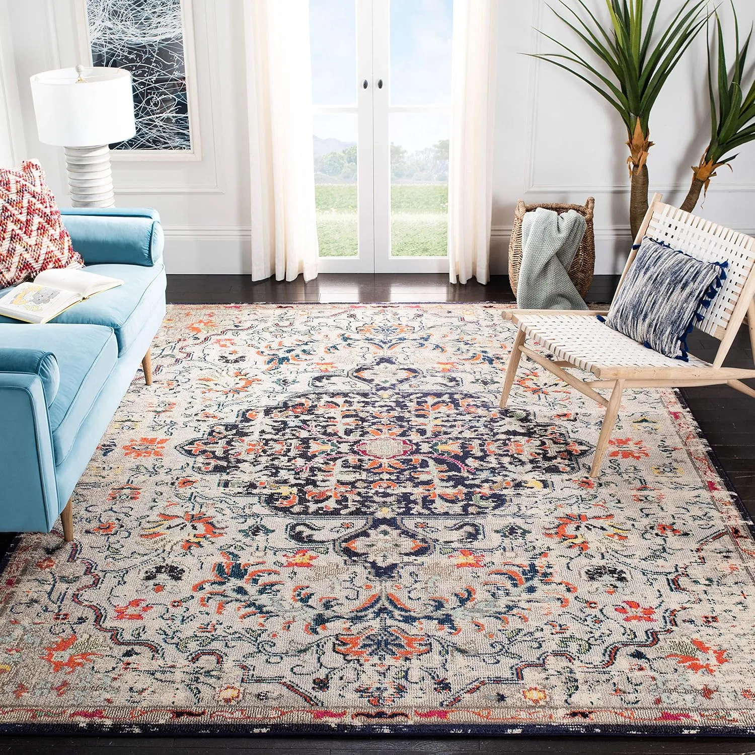 SAFAVIEH Area Rug 8x10 - Madison Collection - Large - Beige & Black, Boho Chic Medallion Distressed Design, Non-Shedding & Easy Cleaning, Ideal for Living Room, Bedroom, Dining Space (MAD447B)