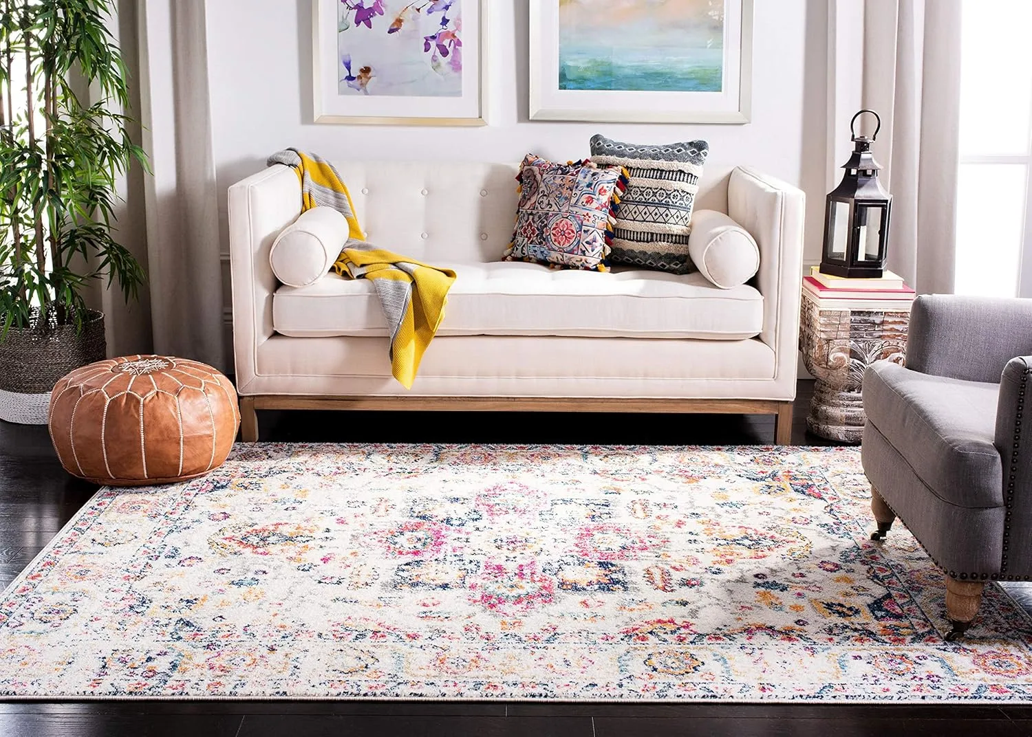 SAFAVIEH Area Rug 8x10 - Madison Collection - Large - Purple Pink Fuchsia & Ivory, Boho Chic Distressed Design, Non-Shedding & Easy Cleaning, Ideal for Living Room, Bedroom, Dining Space (MAD603R)