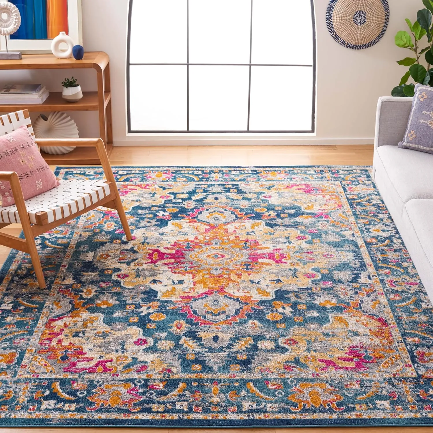 SAFAVIEH Area Rug 8x10 - Madison Collection - Large - Teal & Fuchsia, Boho Chic Medallion Design, Non-Shedding & Easy Cleaning, Ideal for Living Room, Bedroom, Office, Dining Space (MAD154L)