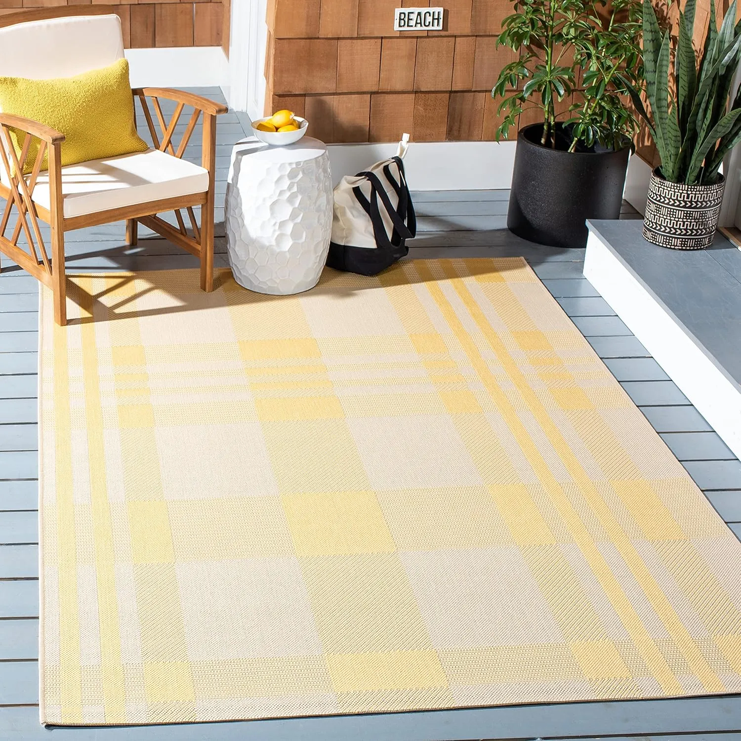 SAFAVIEH Courtyard Collection Area Rug - 5'3" x 7'7", Gold & Beige, Indoor/Outdoor, Plaid Pattern, Weather Resistant & Washable, Ideal for Patio, Backyard, Mudroom, Deck, Dining Space (CY6201-306)