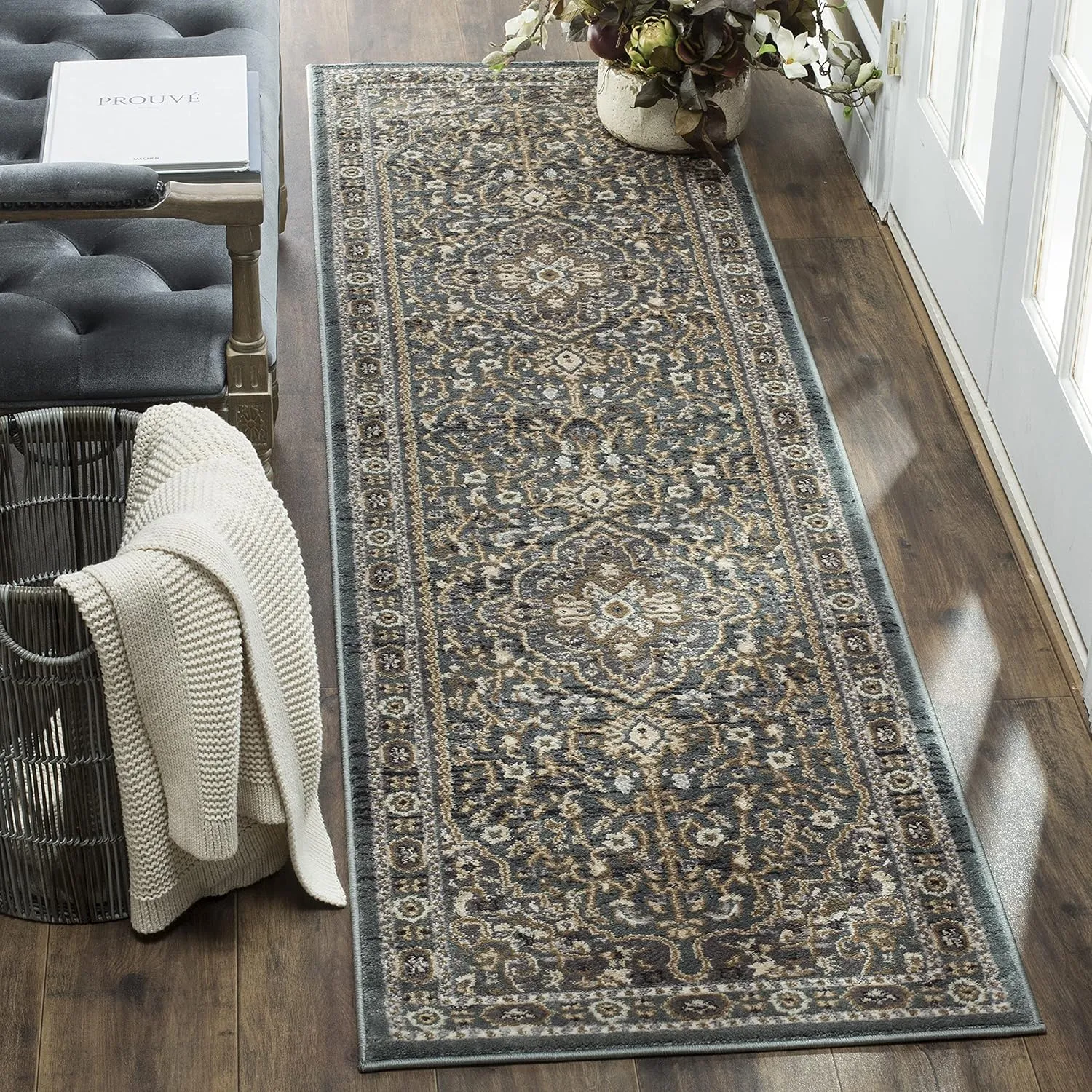 SAFAVIEH Lyndhurst Collection Area Rug - 2'3" x 6' Runner, Teal/Grey, Geometric Design, Ideal for High Traffic Areas in Living Room, Bedroom, Dining (LNH338A)