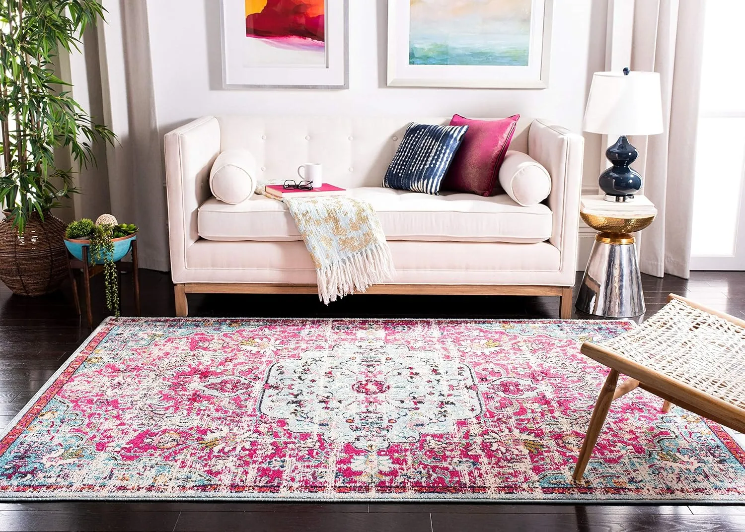 SAFAVIEH Madison Collection Area Rug - 6' x 9', Fuchsia & Teal, Boho Chic Medallion Distressed Design, Non-Shedding & Easy Care, Ideal for High Traffic Areas in Living Room, Bedroom (MAD447R)