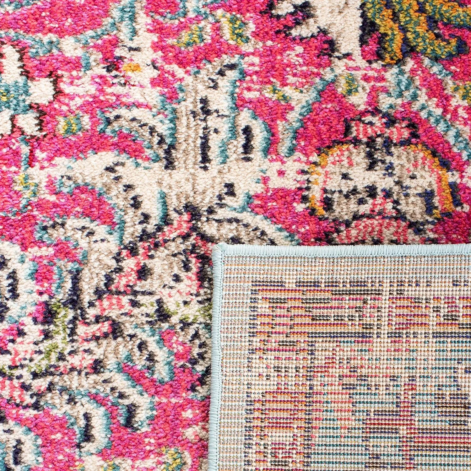 SAFAVIEH Madison Collection Area Rug - 6' x 9', Fuchsia & Teal, Boho Chic Medallion Distressed Design, Non-Shedding & Easy Care, Ideal for High Traffic Areas in Living Room, Bedroom (MAD447R)