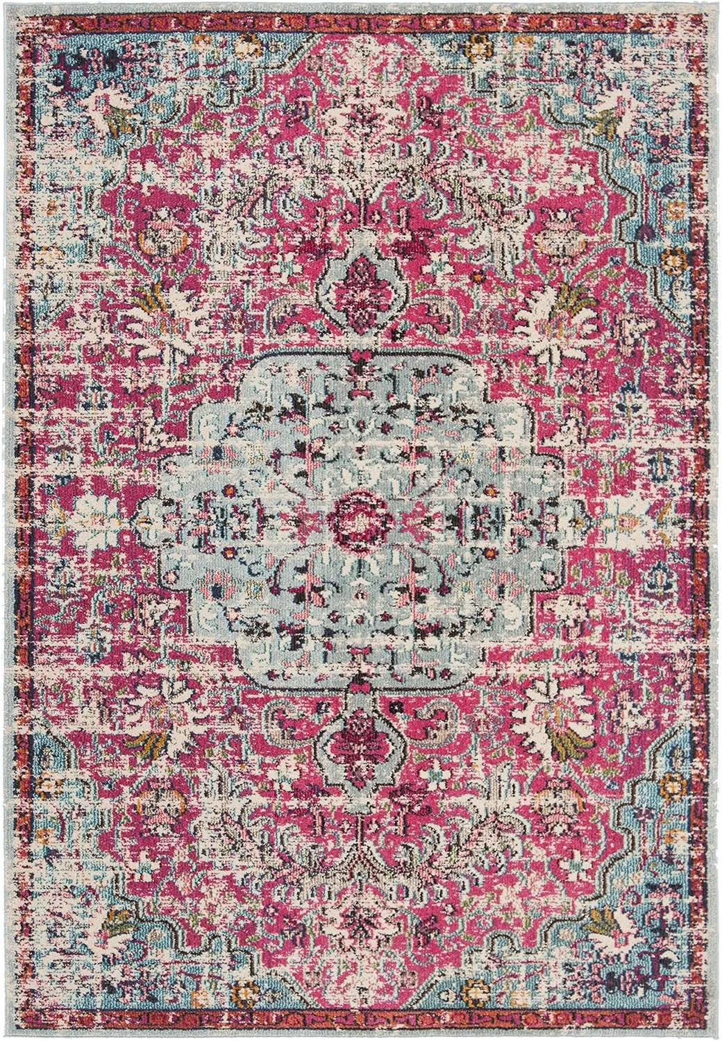 SAFAVIEH Madison Collection Area Rug - 6' x 9', Fuchsia & Teal, Boho Chic Medallion Distressed Design, Non-Shedding & Easy Care, Ideal for High Traffic Areas in Living Room, Bedroom (MAD447R)