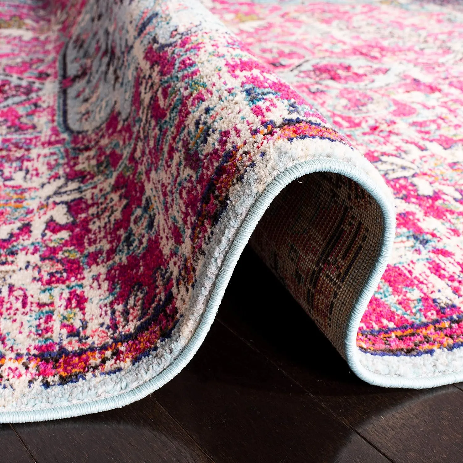 SAFAVIEH Madison Collection Area Rug - 6' x 9', Fuchsia & Teal, Boho Chic Medallion Distressed Design, Non-Shedding & Easy Care, Ideal for High Traffic Areas in Living Room, Bedroom (MAD447R)