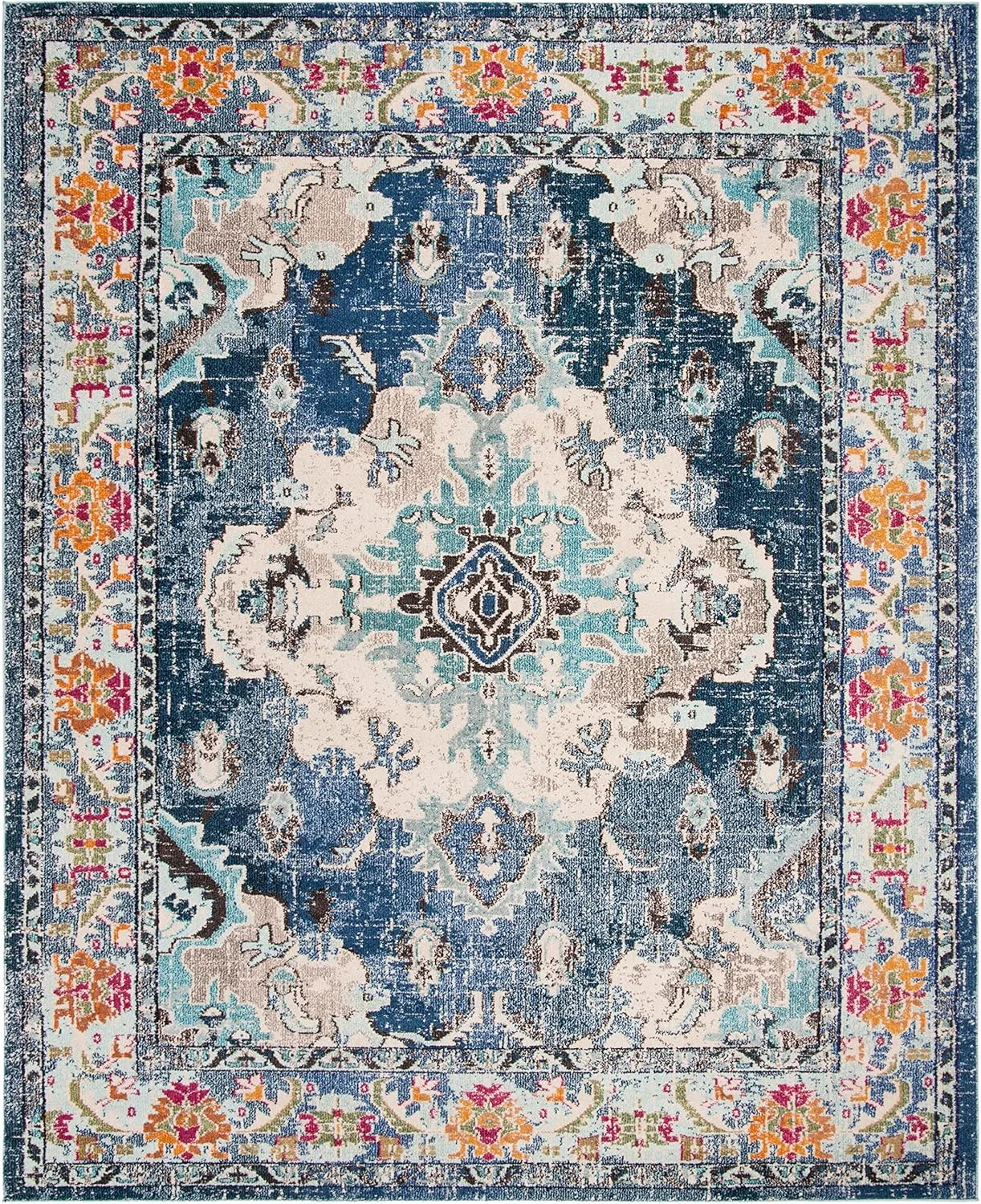 SAFAVIEH Monaco Collection Area Rug - 8' x 10', Navy & Light Blue, Boho Chic Medallion Distressed Design, Non-Shedding & Easy Care, Ideal for High Traffic Areas in Living Room, Bedroom (MNC243N)