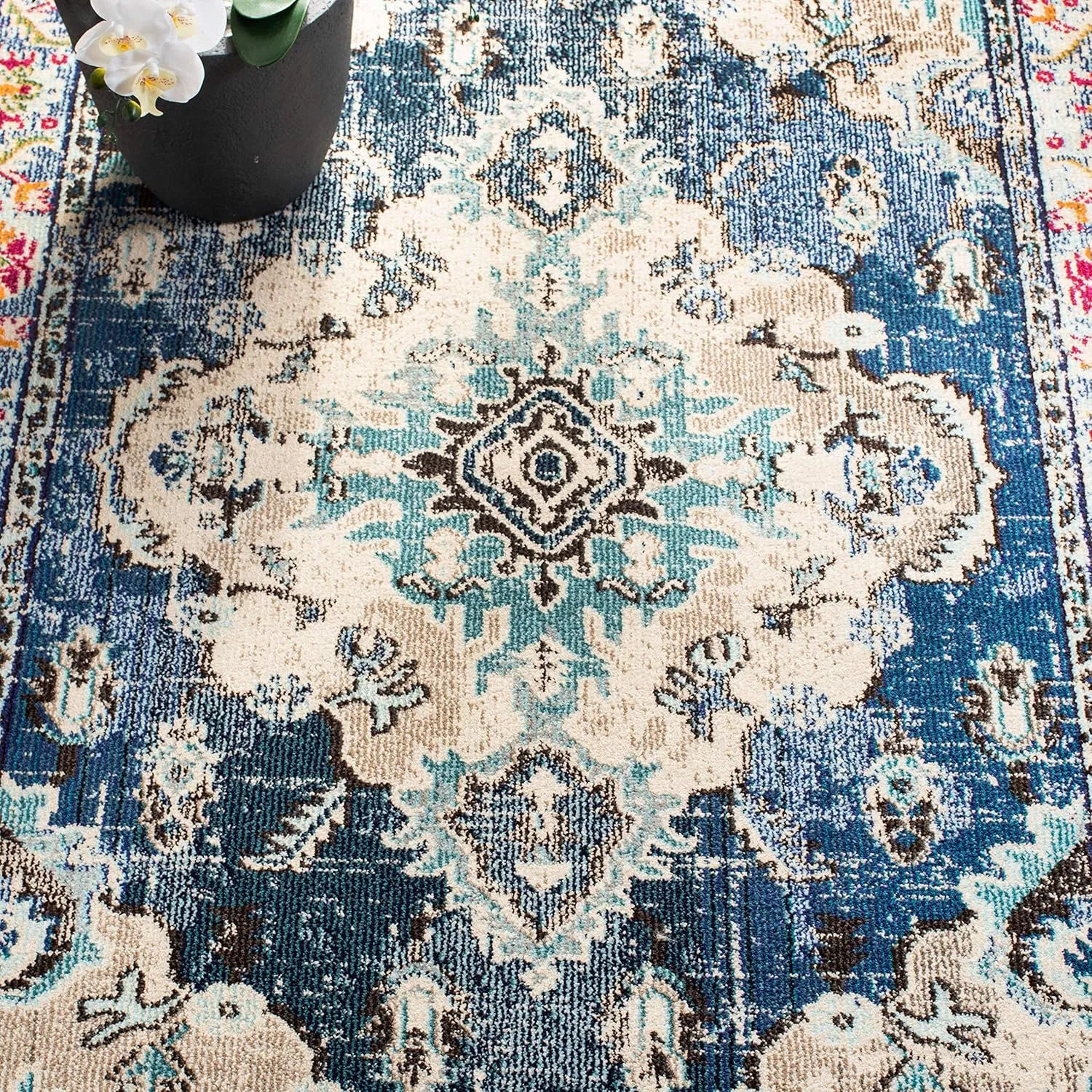 SAFAVIEH Monaco Collection Area Rug - 8' x 10', Navy & Light Blue, Boho Chic Medallion Distressed Design, Non-Shedding & Easy Care, Ideal for High Traffic Areas in Living Room, Bedroom (MNC243N)