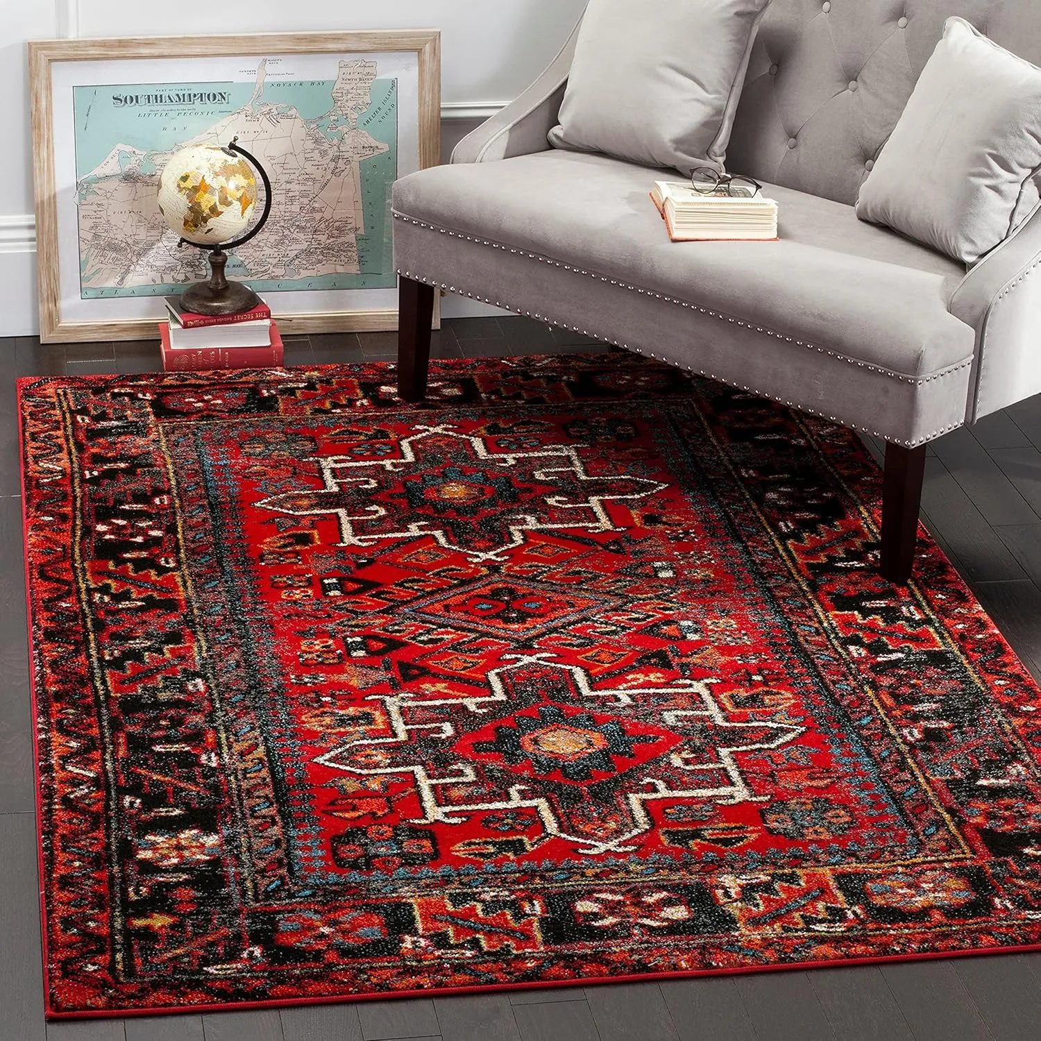 SAFAVIEH Vintage Hamadan Collection Area Rug - 5'3" x 7'6", Light Blue & Black, Traditional Oriental Design, Non-Shedding & Easy Care, Ideal for High Traffic Areas in Living Room, Bedroom (VTH211M)
