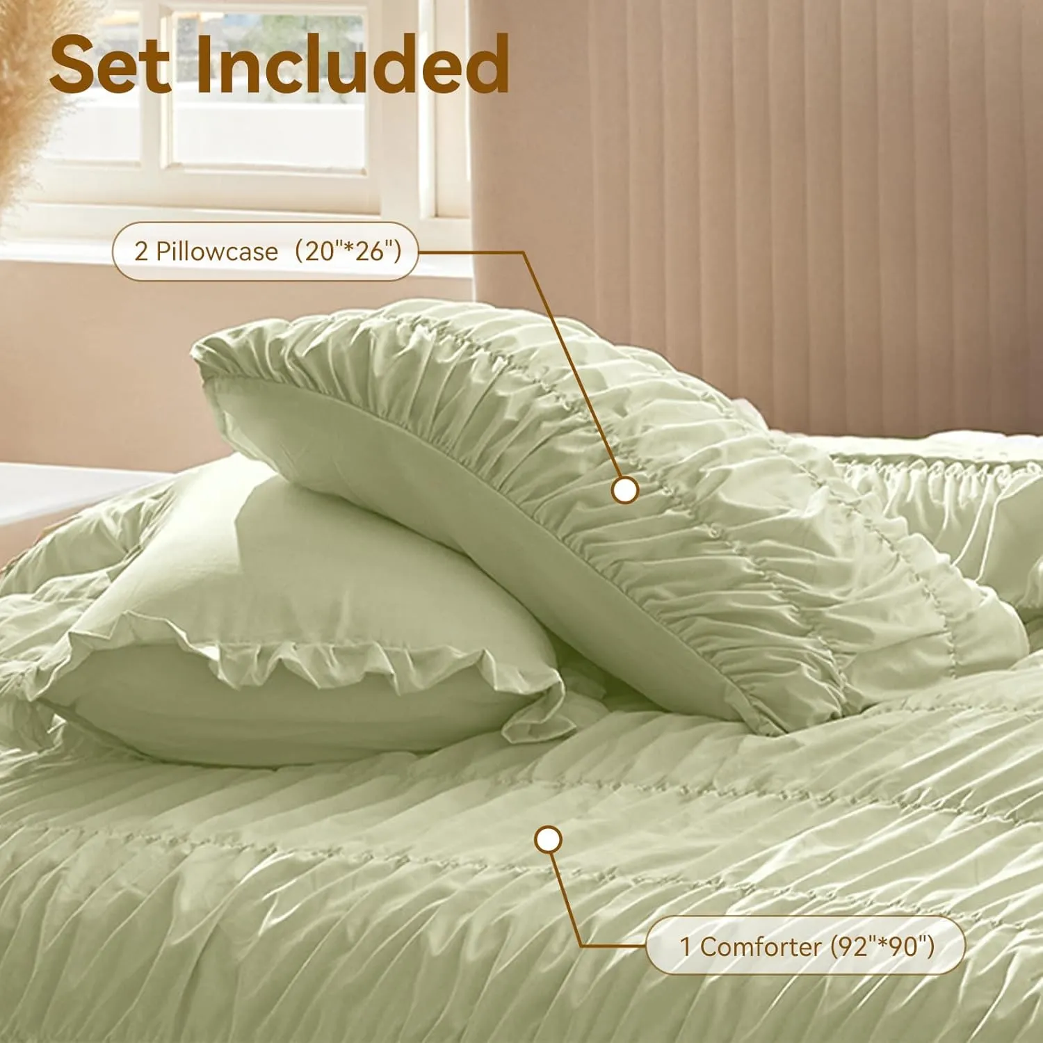 Sage Green Comforter Set Queen - Boho Fluffy Ruched Bedding Comforter Set with 2 Pillowcases, 3 Pieces Soft Shabby Chic Ruffle Bed Set for All Season