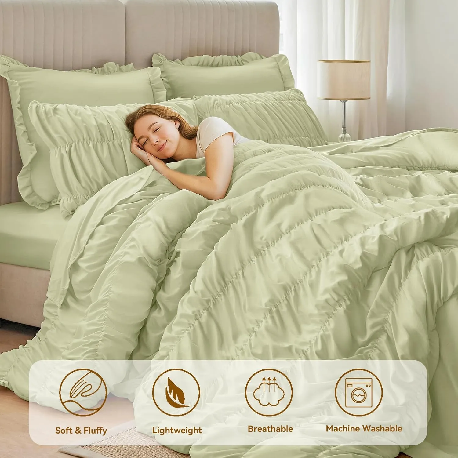 Sage Green Comforter Set Queen - Boho Fluffy Ruched Bedding Comforter Set with 2 Pillowcases, 3 Pieces Soft Shabby Chic Ruffle Bed Set for All Season