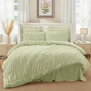 Sage Green Comforter Set Queen - Boho Fluffy Ruched Bedding Comforter Set with 2 Pillowcases, 3 Pieces Soft Shabby Chic Ruffle Bed Set for All Season