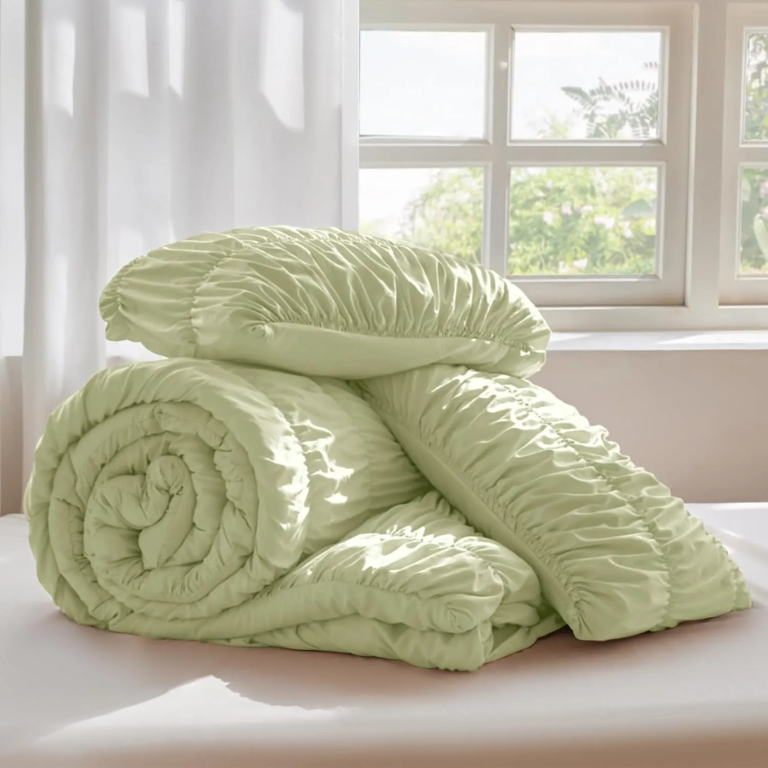 Sage Green Comforter Set Queen - Boho Fluffy Ruched Bedding Comforter Set with 2 Pillowcases, 3 Pieces Soft Shabby Chic Ruffle Bed Set for All Season