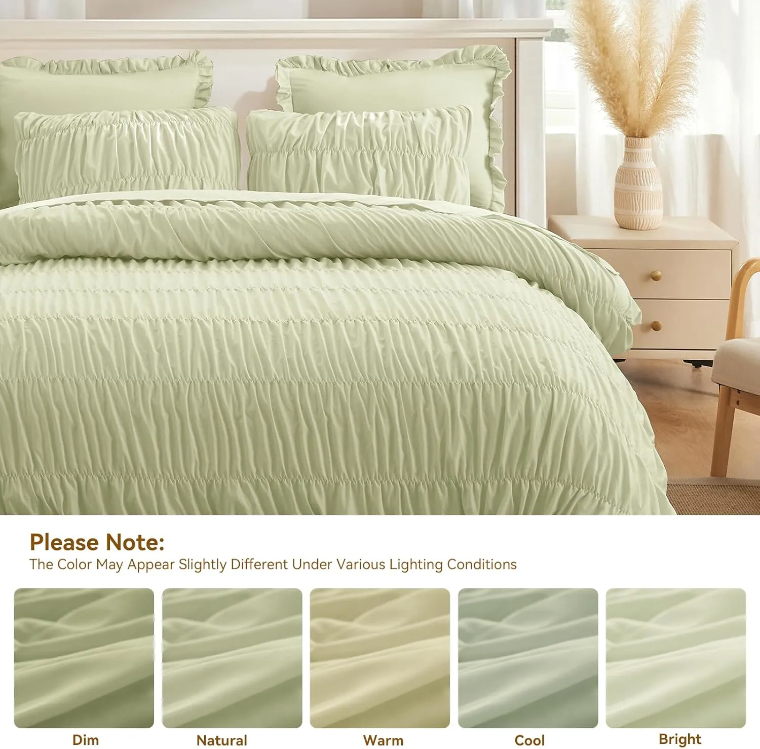 Sage Green Comforter Set Queen - Boho Fluffy Ruched Bedding Comforter Set with 2 Pillowcases, 3 Pieces Soft Shabby Chic Ruffle Bed Set for All Season