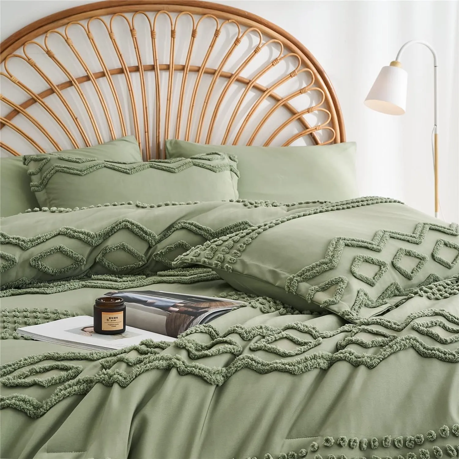 Sage Green Tufted Comforter Set Queen Size 7 Piece Bed in a Bag, Shabby Chic Boho Comforter and Sheet Set, Pom Pom Textured Bed Set, All Season Soft Microfiber Complete Bedding Set(Green,Queen)