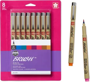 Sakura Pigma Micron Brush Pens - Archival Black & Colored Ink Pens - for Writing, Drawing, or Journaling - Black & Assorted Colored Ink - Brush Nibs - 8 Pack