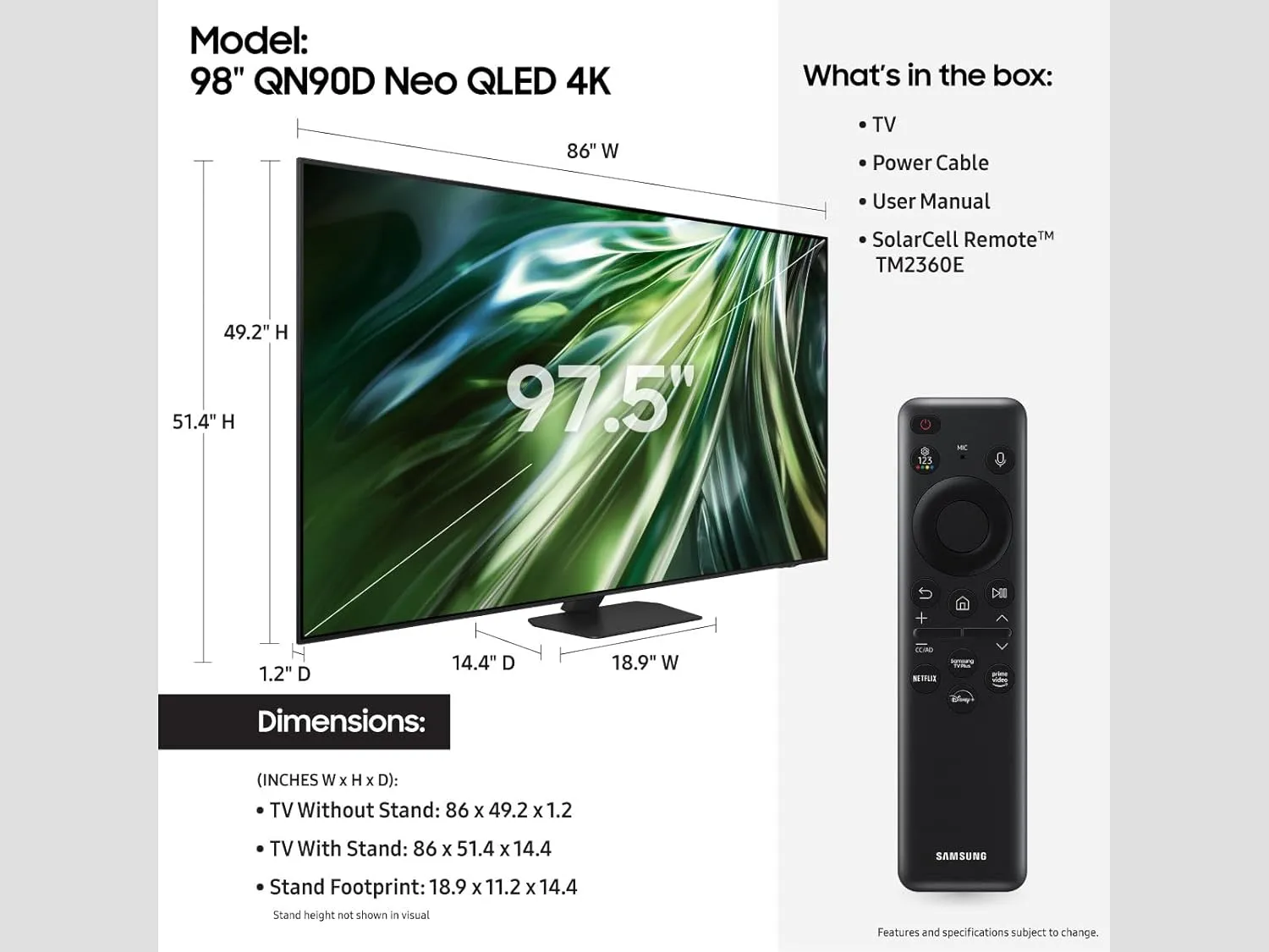 SAMSUNG 98-Inch Class Neo QLED 4K QN90D Series Mini LED, Neo Quantum HDR  Smart TV w/Dolby Atmos, Object Tracking Sound , Motion Xcelerator, Real Depth Enhancer Pro, Alexa Built-in (QN98QN90D, 2024)