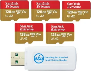 SanDisk 128GB Extreme MicroSD (5 Pack) Memory Card for DJI FPV Drone (SDSQXAA-128G-GN6MN) Class 10 4K V30 UHS-I U3 A2 SDXC Bundle with (1) Everything But Stromboli MicroSD and SD Card Reader